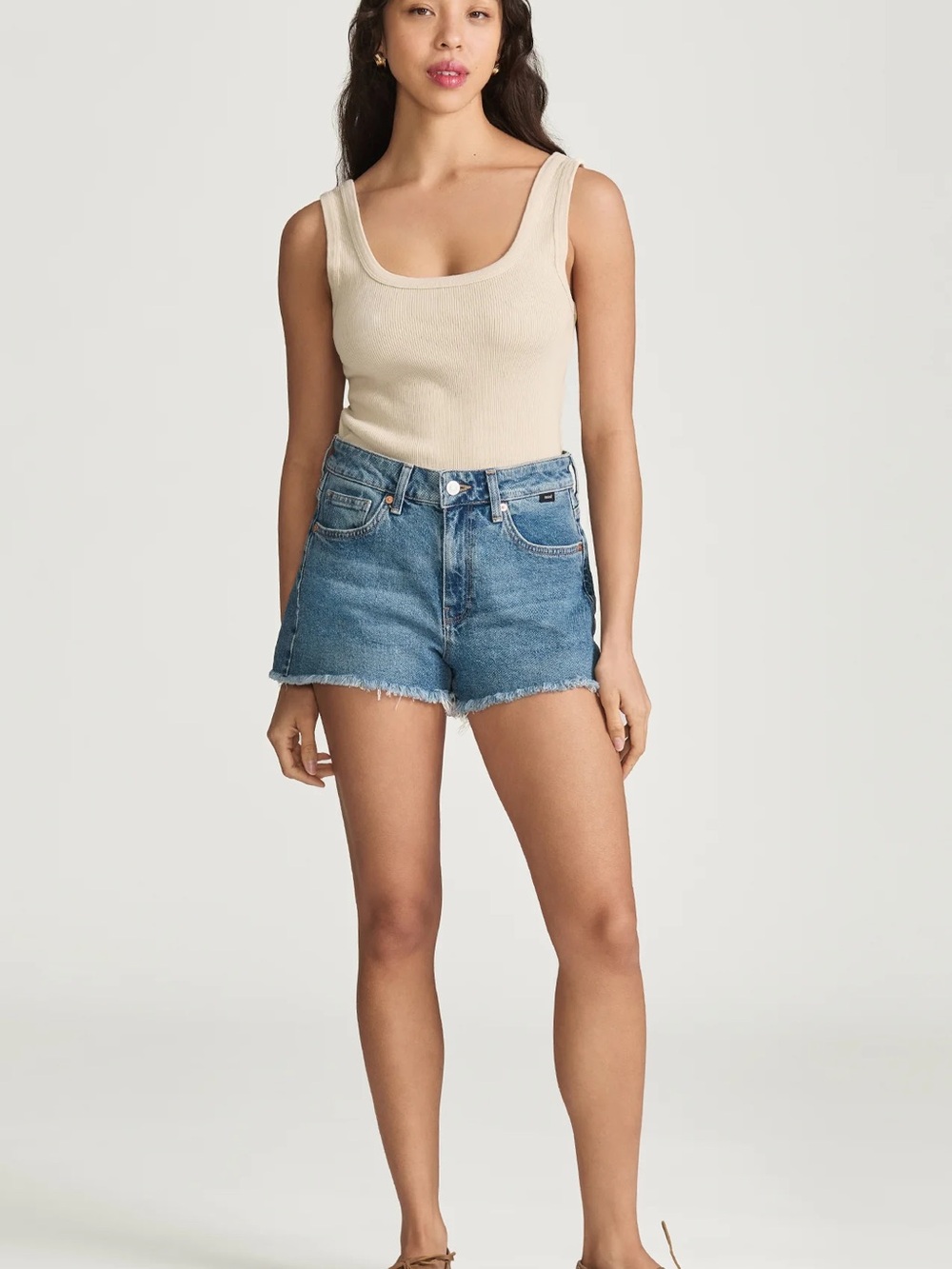 Mavi Medium Blue High-Rise Frayed Hem Denim Shorts